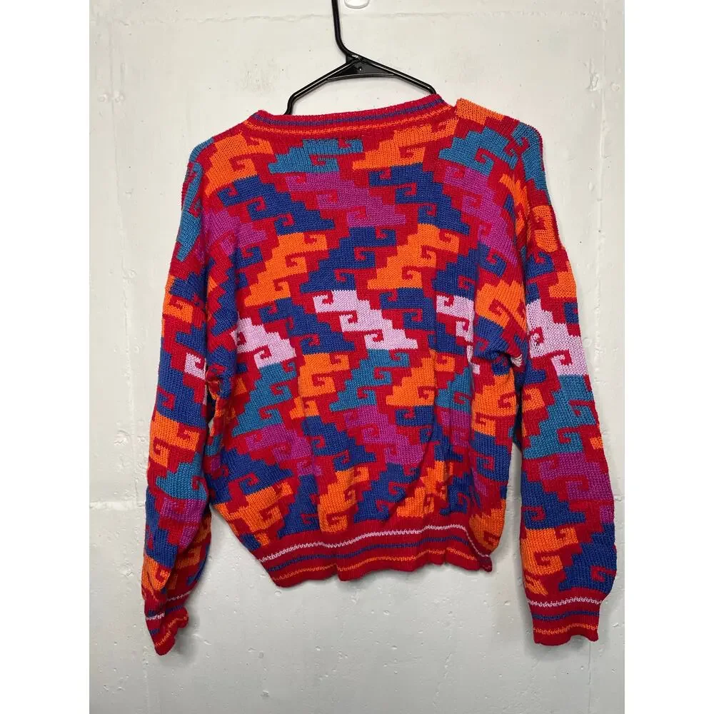 Vintage Amerindia Handmade in Bolivia Knit Sweater Red Pink Blue Orange Size L